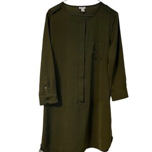 J Crew Shift Shirt Dress Dark Olive Green Hidden Button Front Closure Size 4
